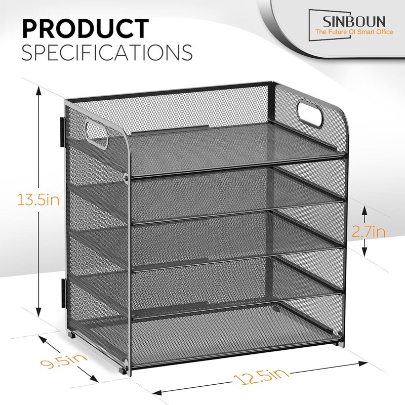 Sinboun 2 Pack Letter Tray 5-Tier Desk Organizer File Paper Holder with Handle, Metal Desktop Document Shelf Tray Office Classroom Organization - Black - Image 2
